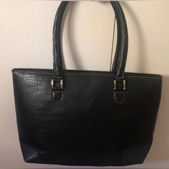 BOB MACKIE Large Faux Croc Leather Black Tote Bag Travel Tote - Picture 3 of 9